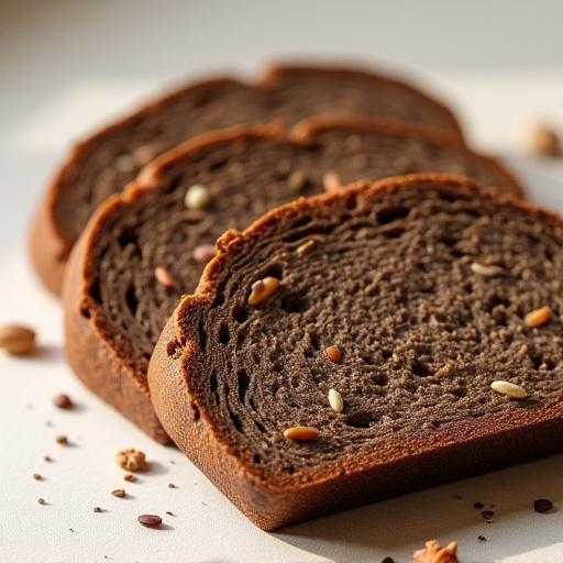 Scheiben eines dunklen, glutenfreien Buchweizenbrotes.