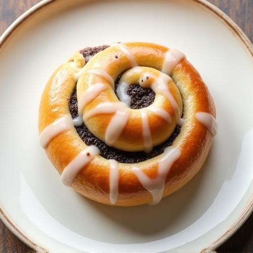 Eine glasierte Mohnschnecke auf einem Teller.