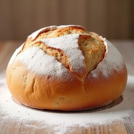 Ein runder Laib Wiener Landbrot mit bemehlter Oberfläche.